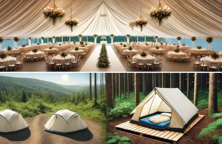 DALL·E 2025-01-07 12.20.00 - A comparison image showing two types of tents_ on the left, a large event tent set up for a wedding with white fabric, high ceilings, tables, and deco
