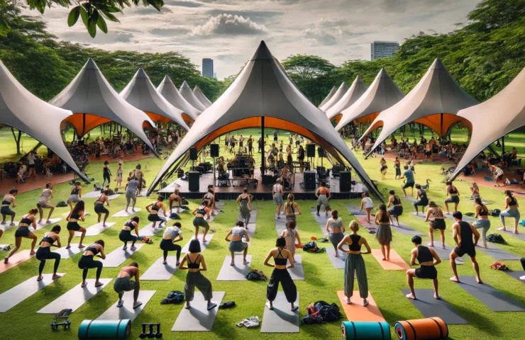 DALL·E 2025-01-27 12.10.32 - A group of large, sturdy tents set up in an outdoor park, with people participating in various fitness classes under the shade of the tents. Some are