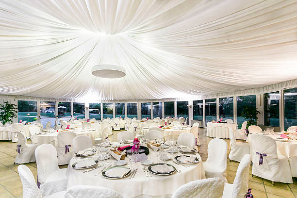 Tables decorated for a party or wedding reception